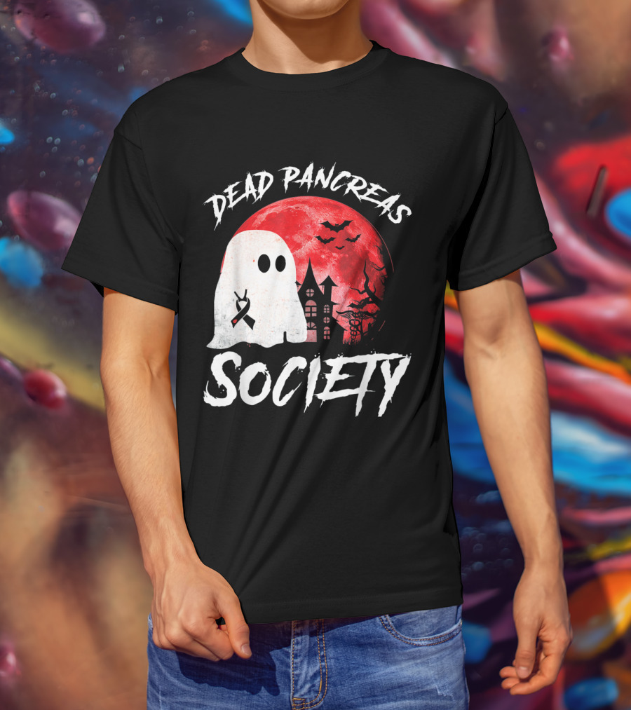 Dead Pancreas Society Halloween Ghost With Diabetes Awareness Ghostly Castle And Blood Moon T-Shirt