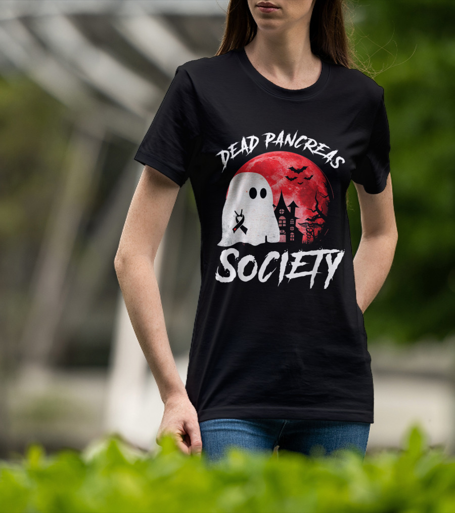 Dead Pancreas Society Halloween Ghost With Diabetes Awareness Ghostly Castle And Blood Moon T-Shirt