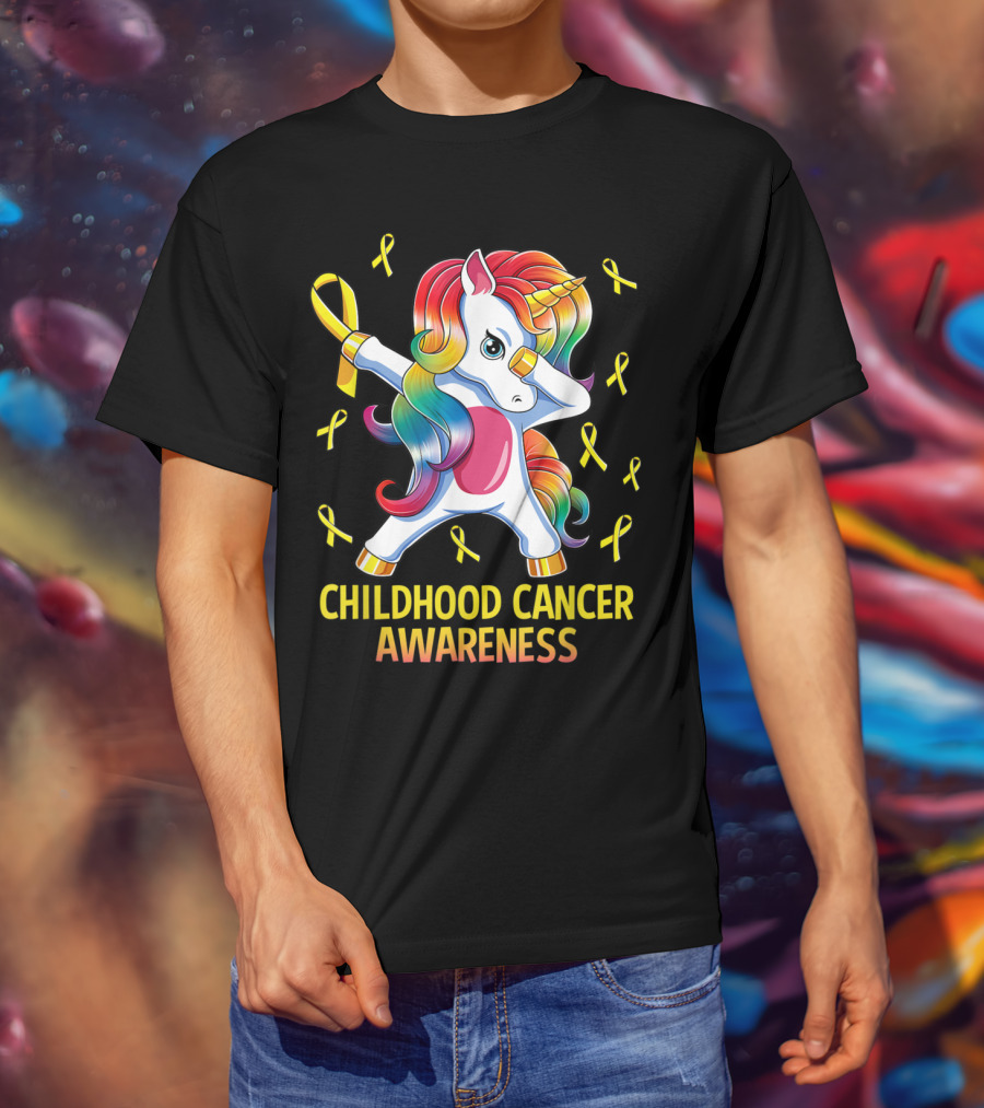 Dabbing Unicorn Childhood Cancer Awareness Ribbons T-Shirt
