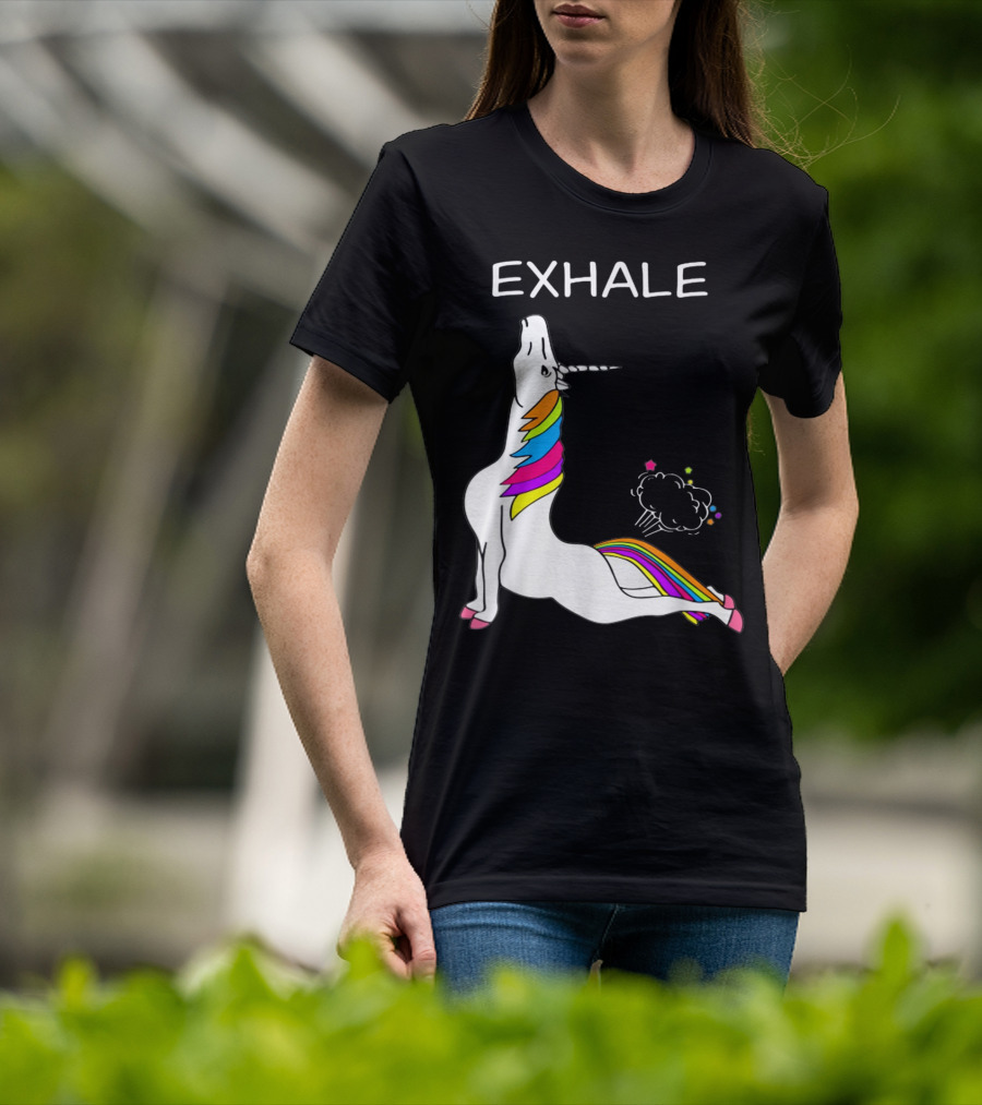 EXHALE Yoga Unicorn Funny Yoga Unicorn Exhale Fart Rainbow T-Shirt