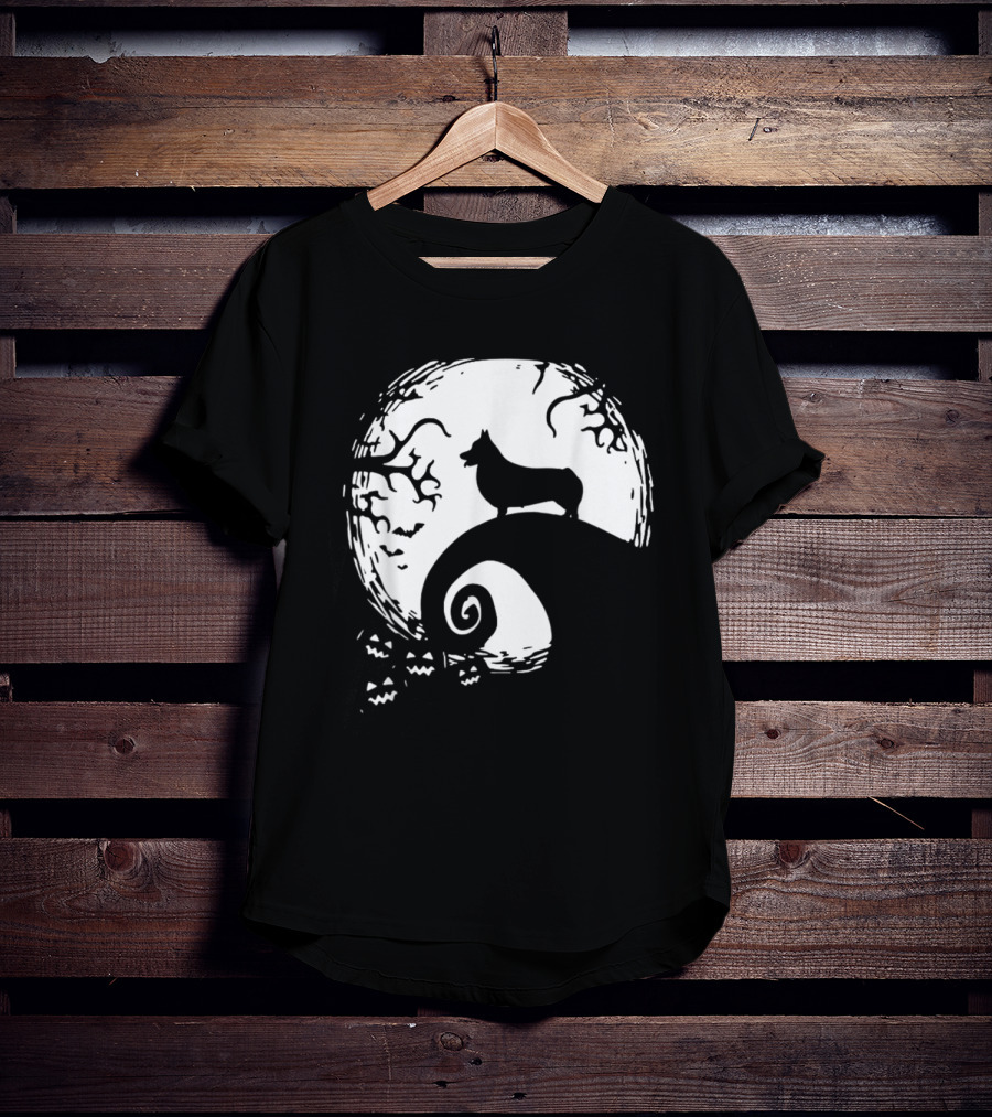 Cardigan Welsh Corgi Howling On Spiraled Hill Under Full Moon With Creepy Trees And Bats T-Shirt