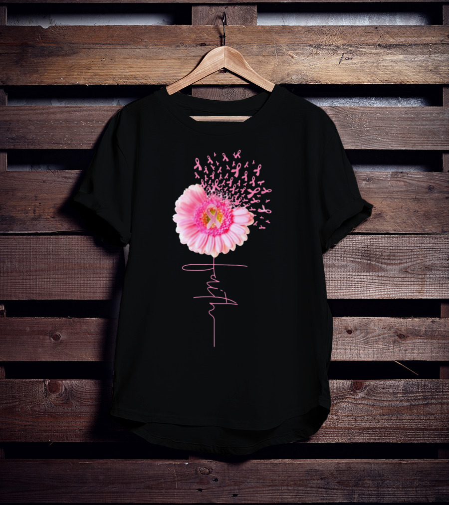 Faith Pink Ribbon Daisy Breast Cancer Awareness T-Shirt