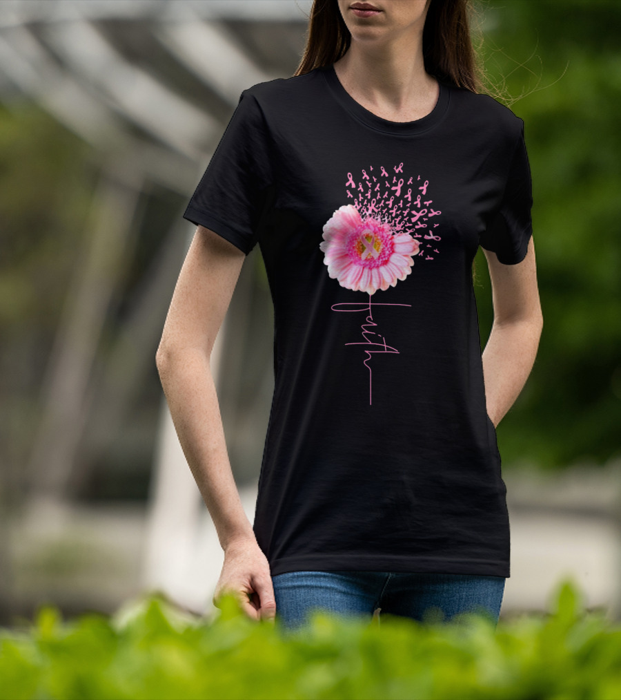 Faith Pink Ribbon Daisy Breast Cancer Awareness T-Shirt