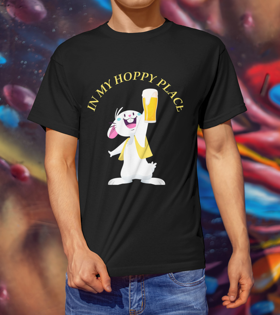 In My Hoppy Place Bunny Drinking Beer Funny Easter Cheers T-Shirt