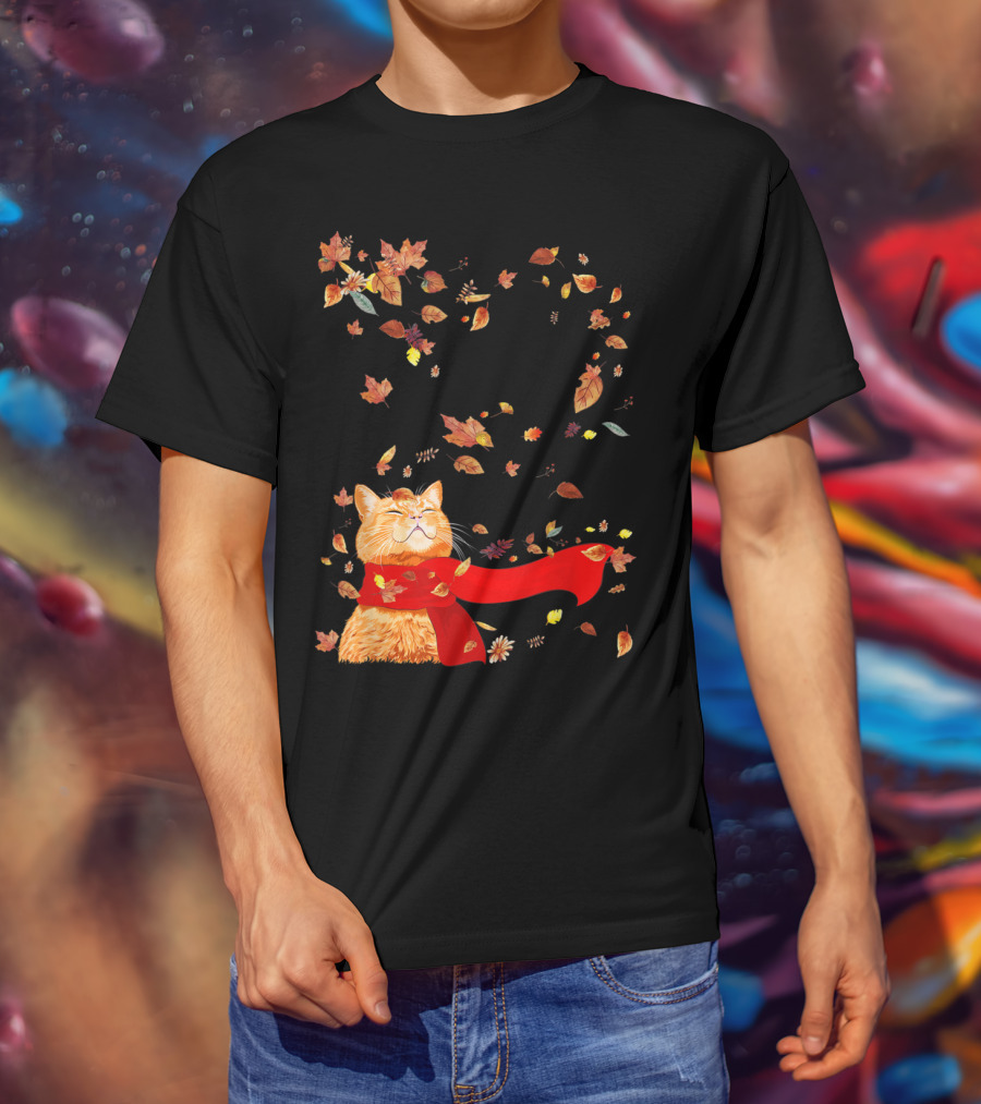 Hello Autumn Maple Leaf Fall Funny Cat Kitten Lover T-Shirt