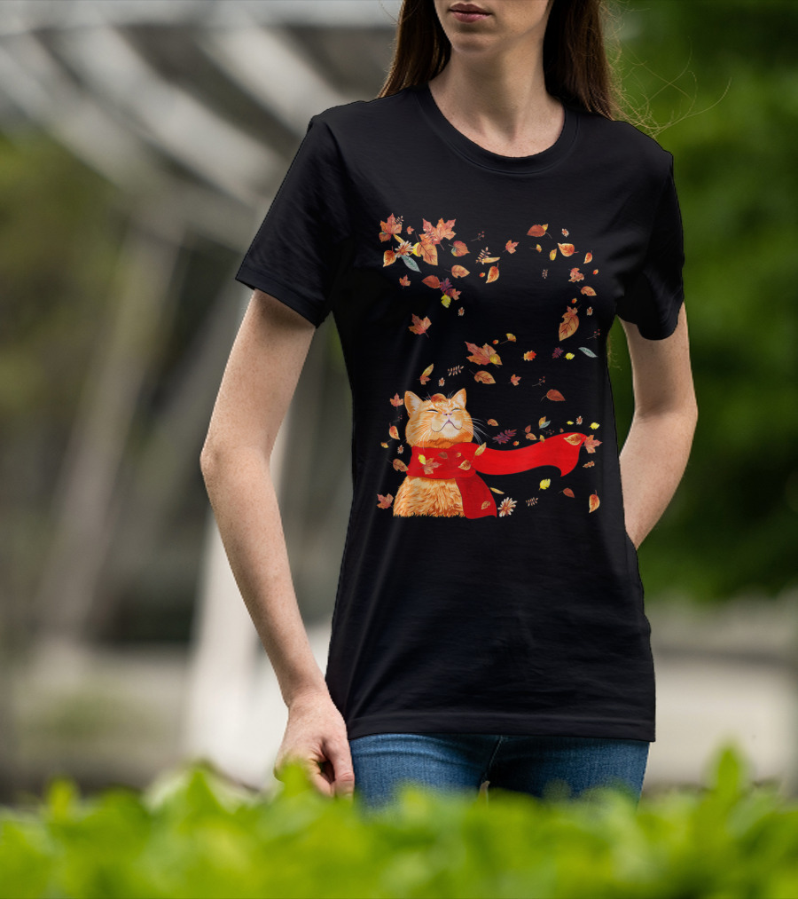 Hello Autumn Maple Leaf Fall Funny Cat Kitten Lover T-Shirt