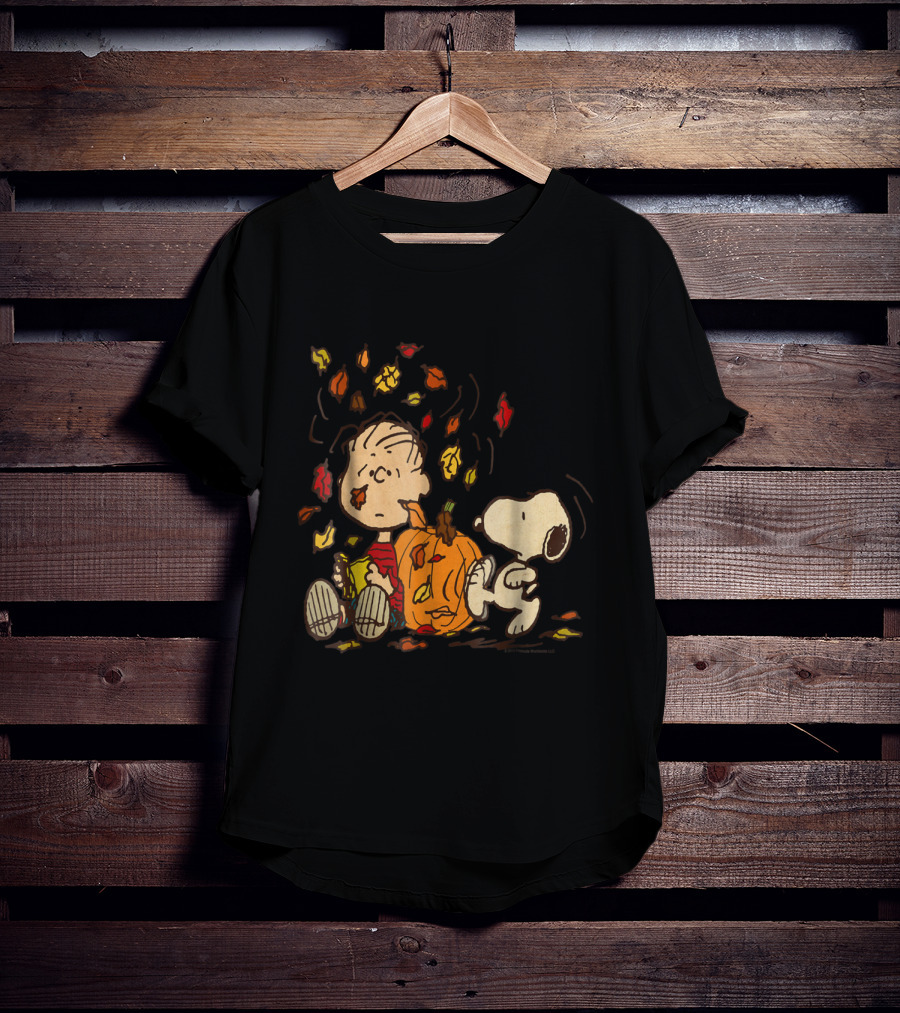 Peanuts Snoopy Linus With Pumpkin And Falling Leaves T-Shirt