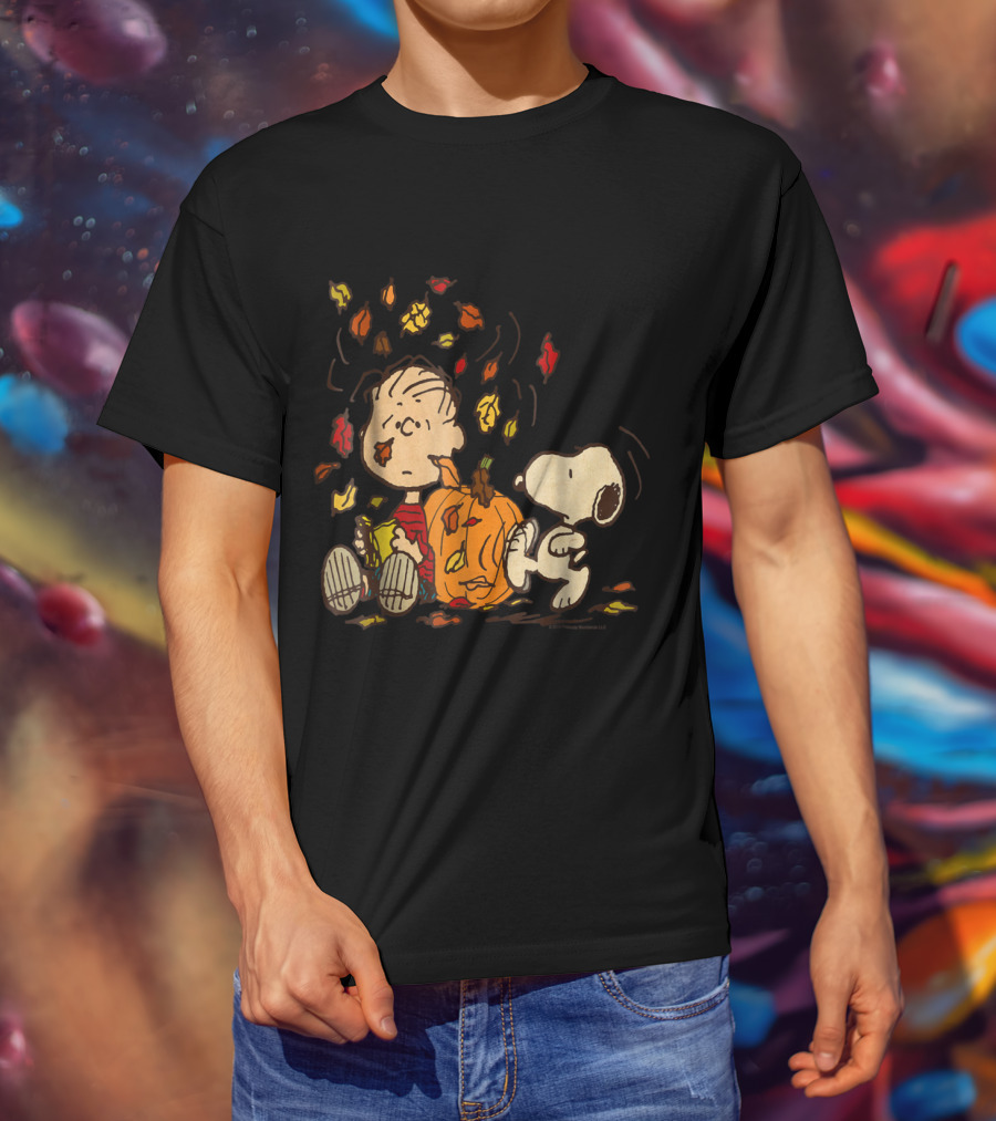 Peanuts Snoopy Linus With Pumpkin And Falling Leaves T-Shirt