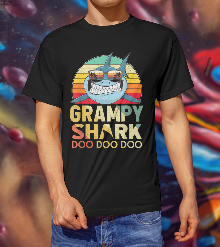 Grampy Shark Doo Doo Doo Retro Vintage Palm Trees Sunglasses T-Shirt