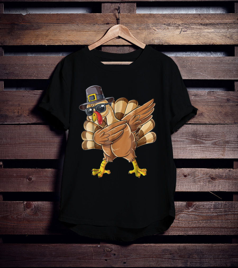 Thanksgiving Dabbing Turkey Pilgrim Hat Sunglasses Boys Day T-Shirt