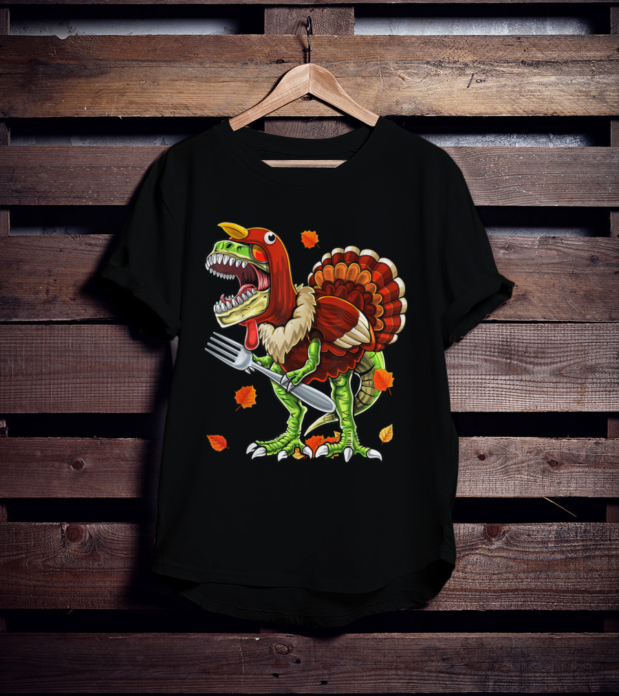 Thanksgiving Rex Dinosaur Turkey With Fork And Autumn Leaves T-Shirt