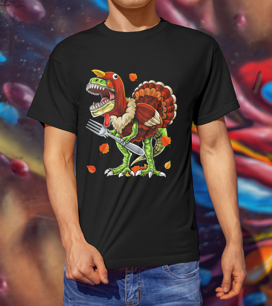 Thanksgiving Rex Dinosaur Turkey With Fork And Autumn Leaves T-Shirt
