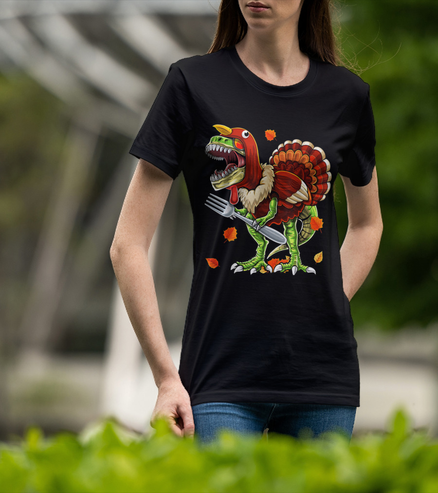 Thanksgiving Rex Dinosaur Turkey With Fork And Autumn Leaves T-Shirt