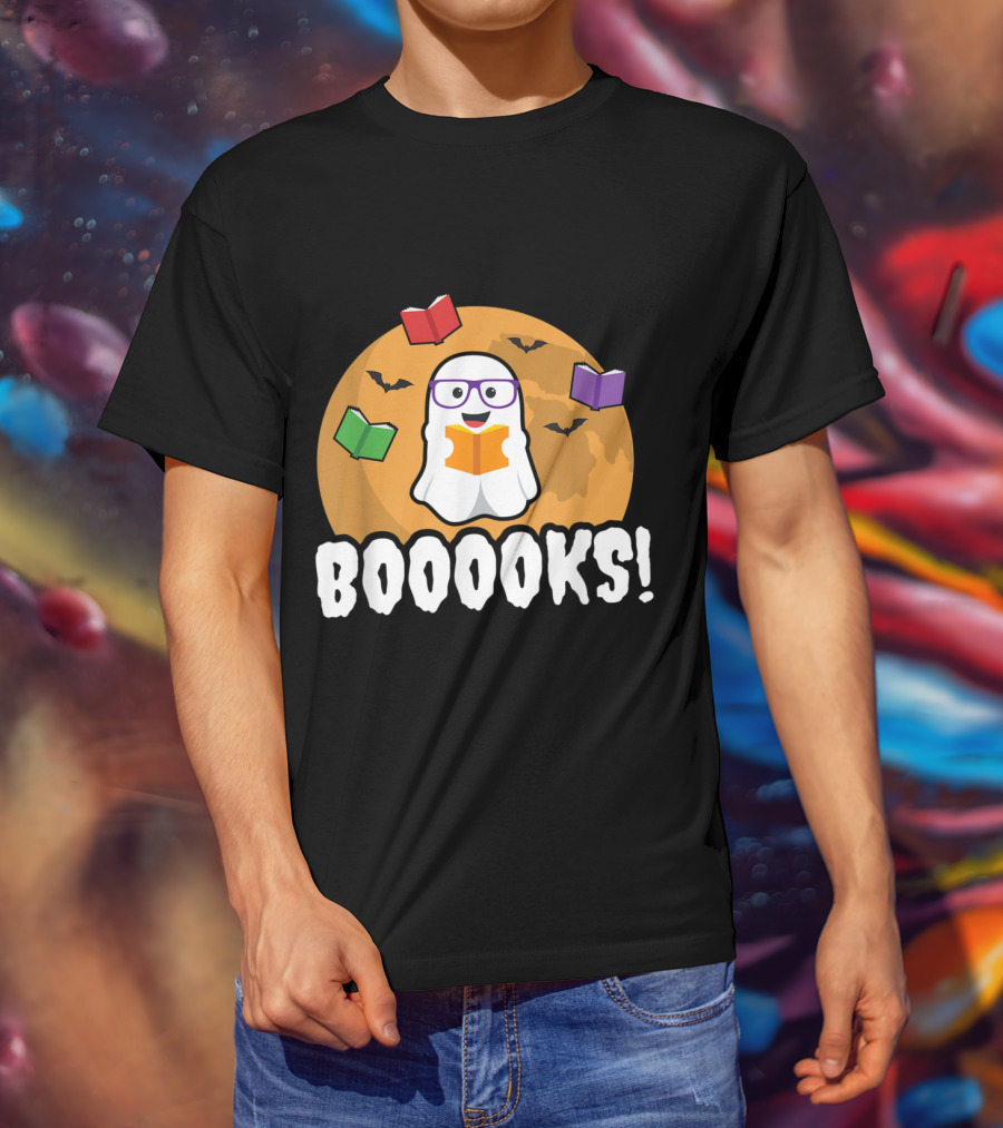 Booooks Ghost Boo Read Books Library Halloween Theme With Flying Bats And Moon T-Shirt