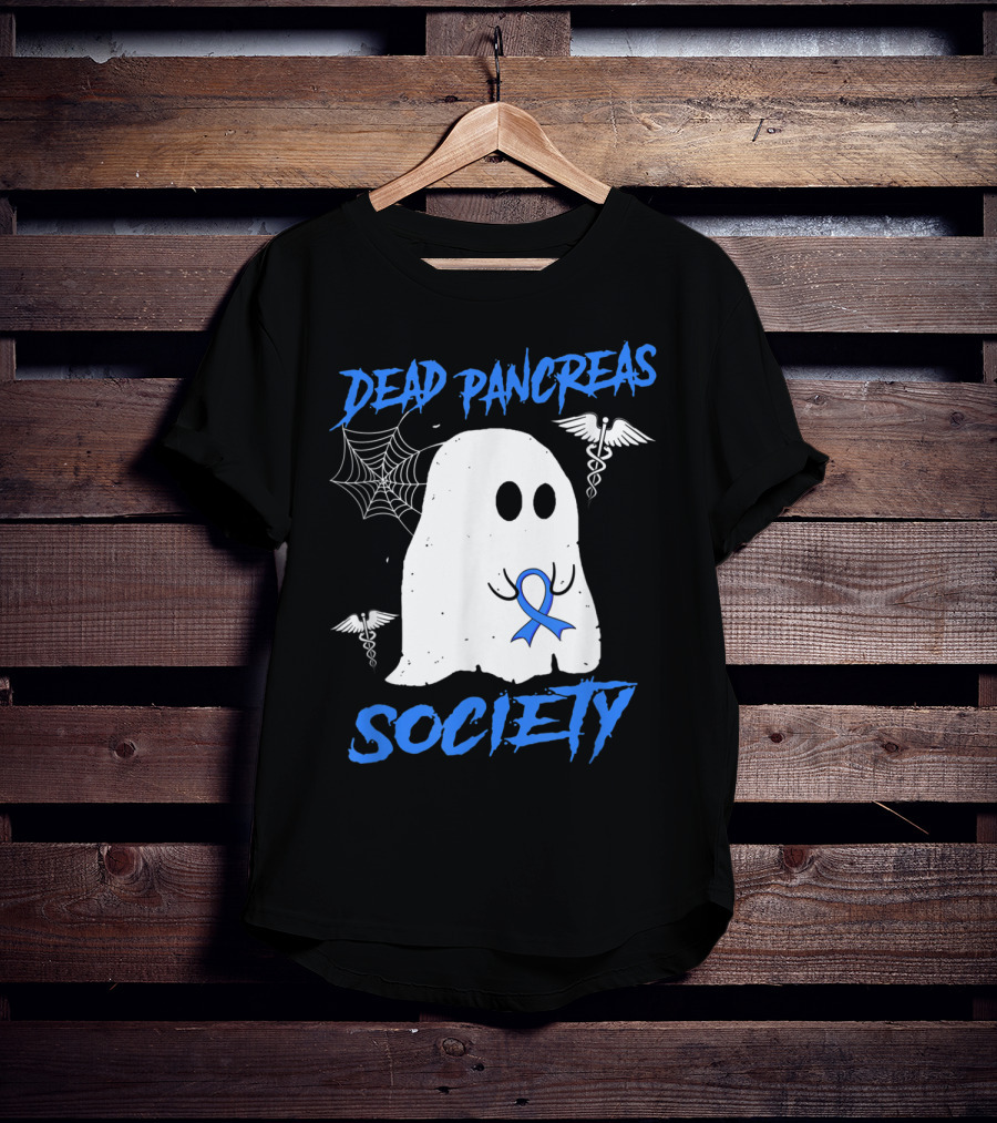 Dead Pancreas Society Diabetes Awareness Halloween Ghost With Blue Ribbon And Caduceus T-Shirt