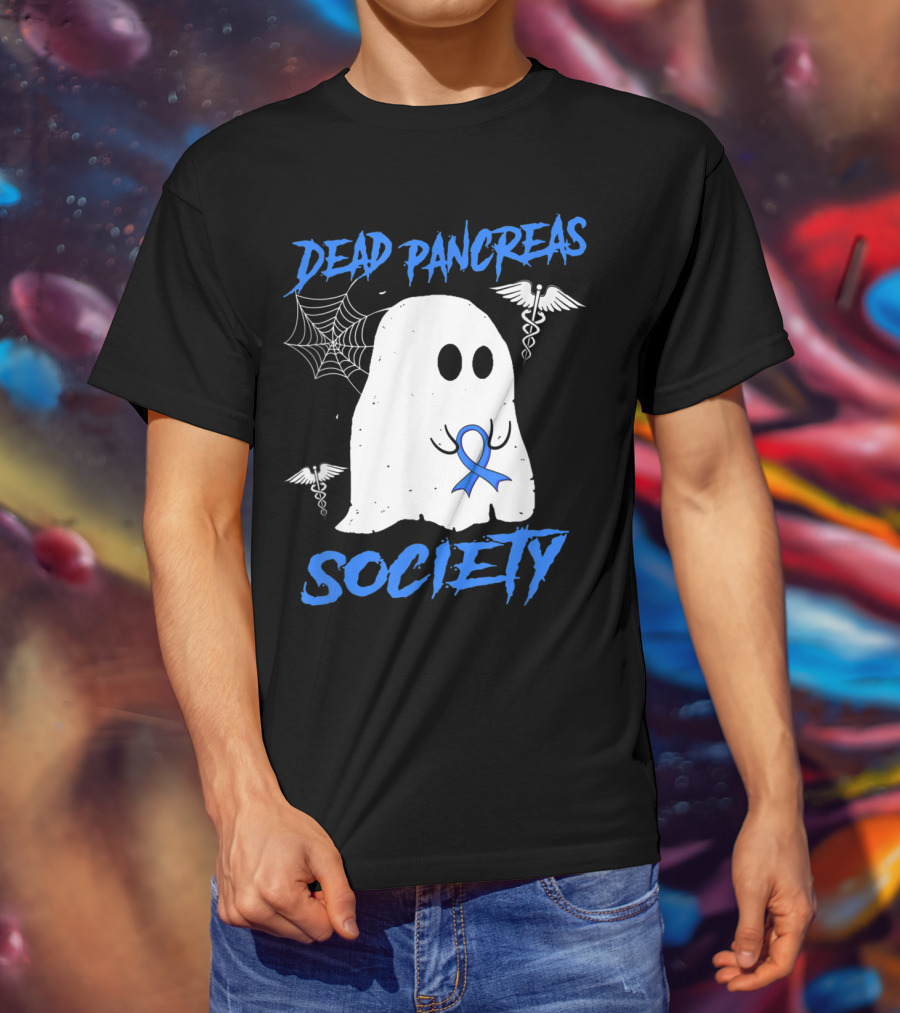 Dead Pancreas Society Diabetes Awareness Halloween Ghost With Blue Ribbon And Caduceus T-Shirt