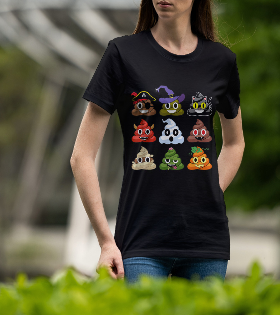 Halloween Pirate Witch Cat Devil Ghost Mummy Zombie Pumpkin Poop Emojis T-Shirt