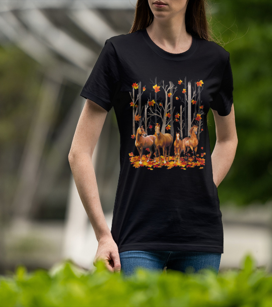 Maple Leaf Fall Hello Autumn Funny Horse Lover T-Shirt
