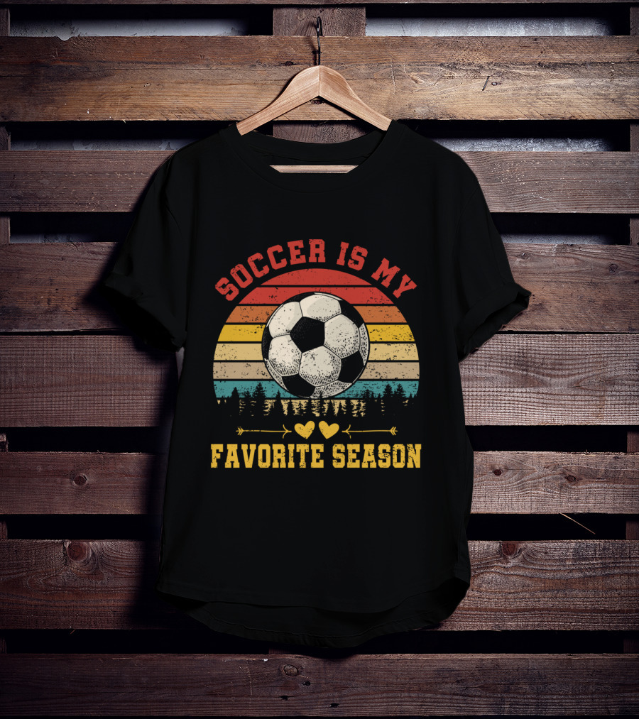 Soccer Is My Favorite Season Vintage Sunset Forest Soccer Ball T-Shirt