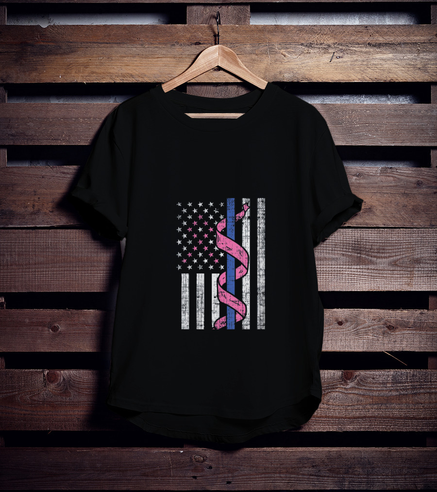 Blue Line American Flag Pink Ribbon Breast Cancer Awareness T-Shirt