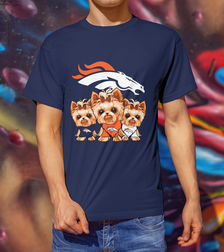 Denver Broncos Yorkies With Team Logo And Three Adorable Dogs In Jerseys T-Shirt