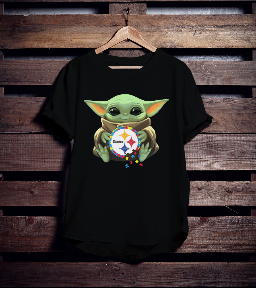 Baby Yoda Holding Steelers Autism Puzzle T-Shirt