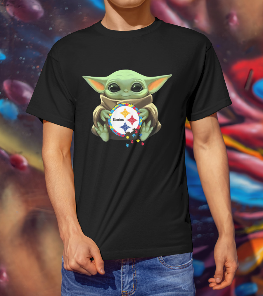 Baby Yoda Holding Steelers Autism Puzzle T-Shirt