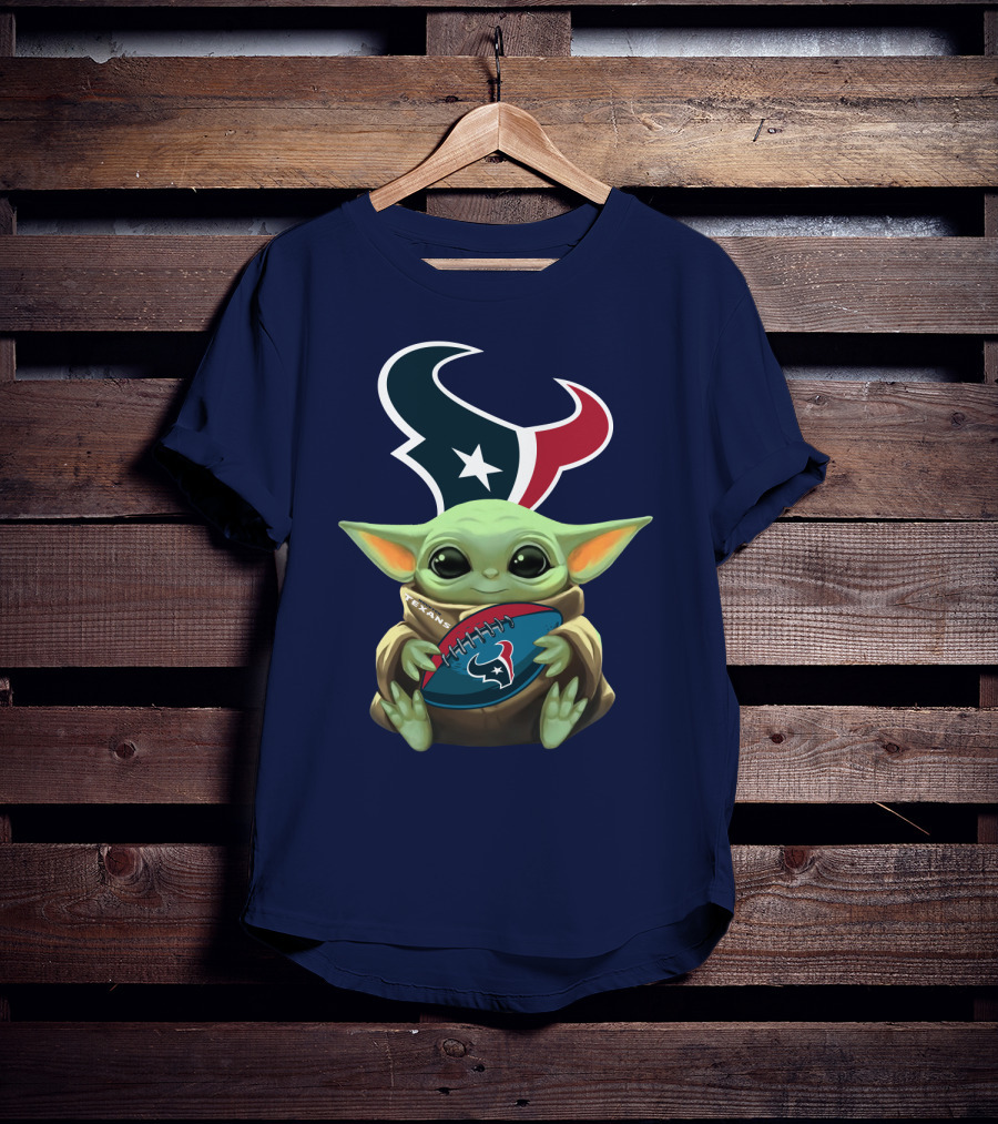 Baby Yoda Holding Houston Texans Football T-Shirt