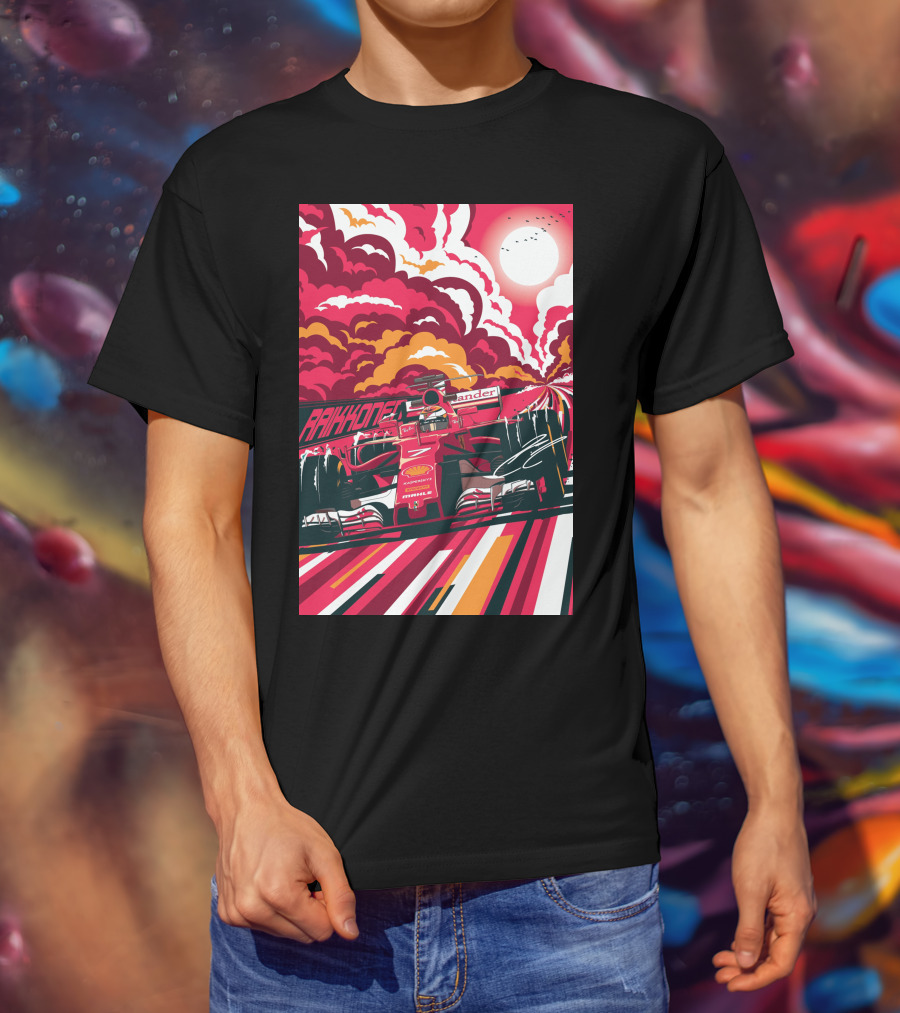 Raikkonen Formula 1 Racing Ferrari F1 Car Sunset Scene T-Shirt