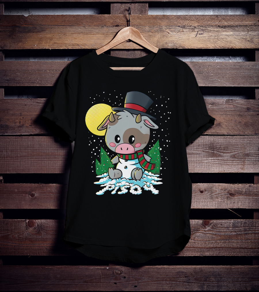 Piso4 Cute Cow In Snow With Top Hat And Scarf Winter Scene T-Shirt