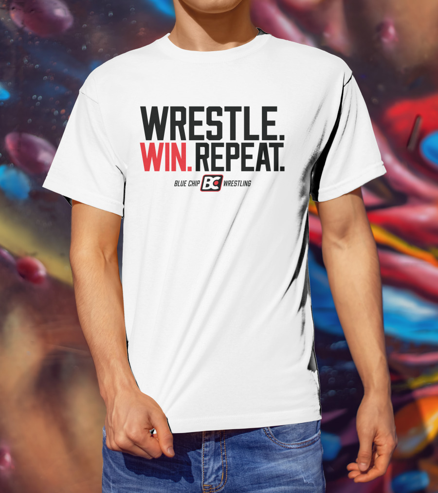 Wrestle Win Repeat Blue Chip BC Wrestling T-Shirt
