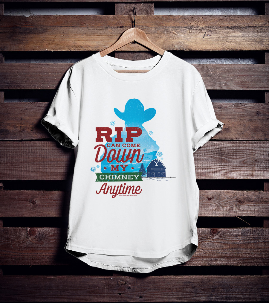 Rip Can Come Down My Chimney Anytime Blue Cowboy Silhouette Snowflakes Barn T-Shirt
