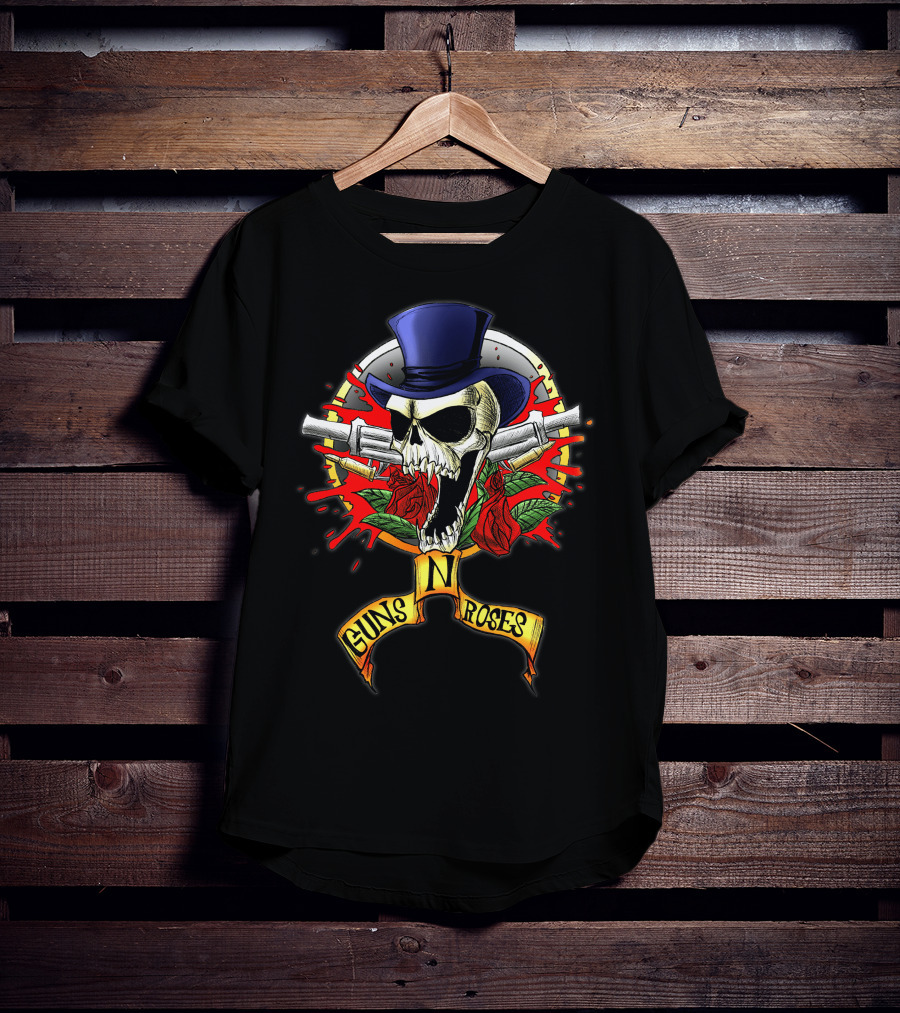 Guns N' Roses Skull With Top Hat Crossed Pistols And Red Roses T-Shirt