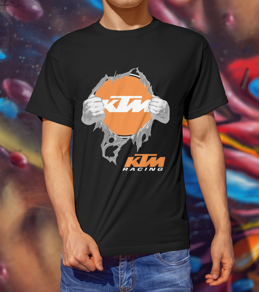Ktm Racing Logo With Hands Ripping Through Orange T-Shirt