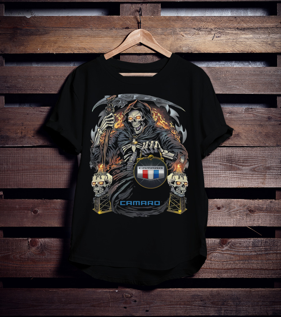 Camaro Flaming Reaper With Skull Torches T-Shirt