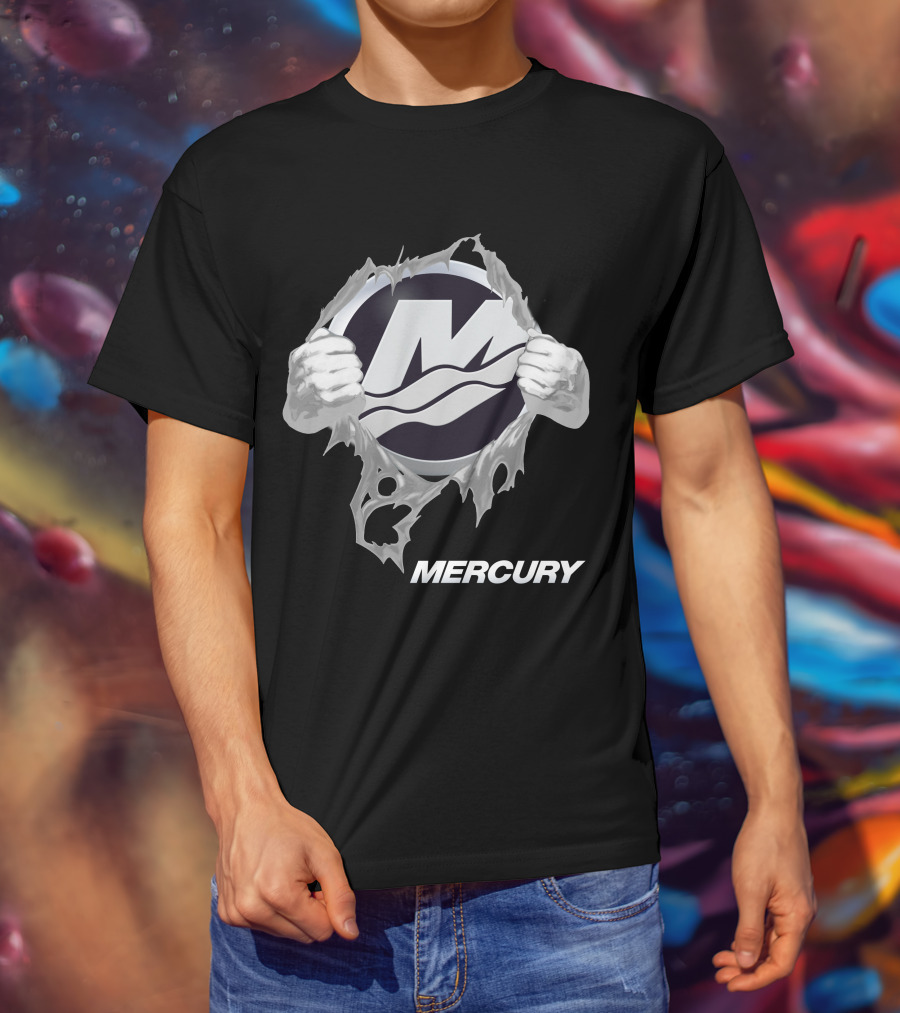 Mercury Boats Logo With Hands Ripping Through Black T-Shirt