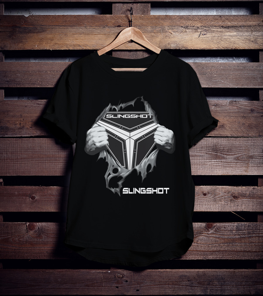 Slingshot Emblem With Hands Pulling Away Black T-Shirt