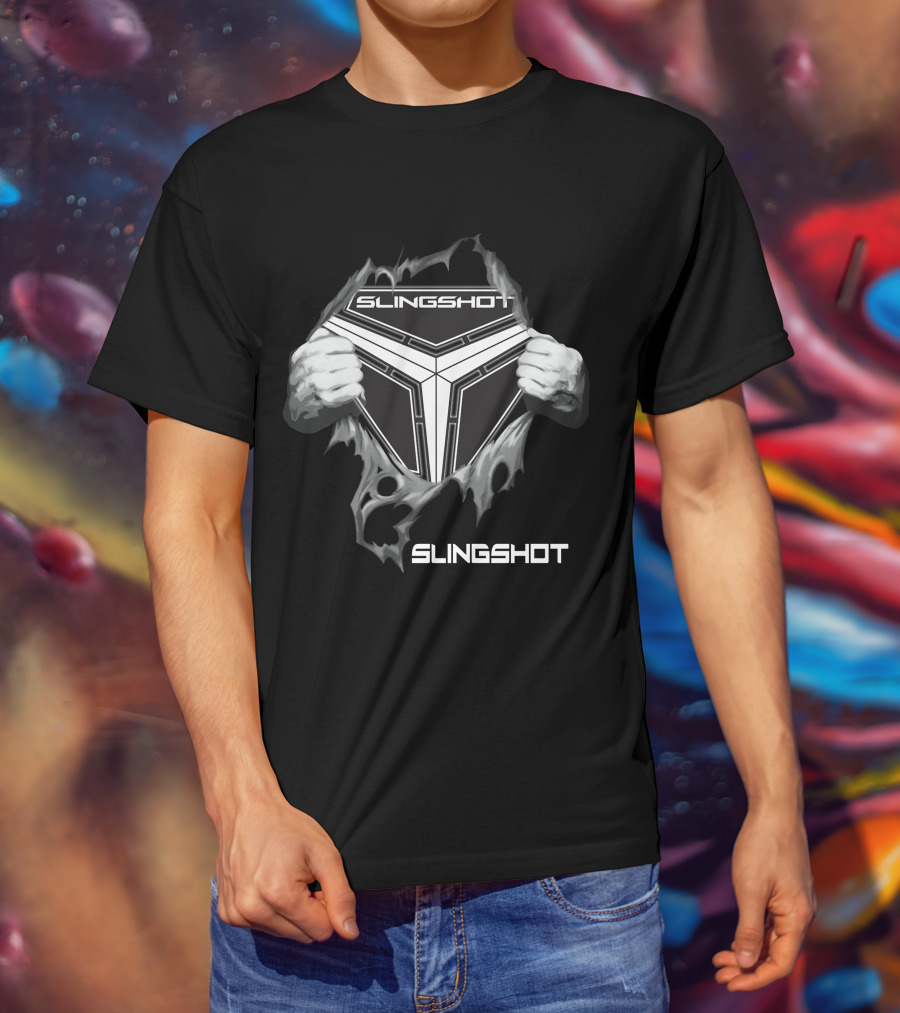 Slingshot Emblem With Hands Pulling Away Black T-Shirt
