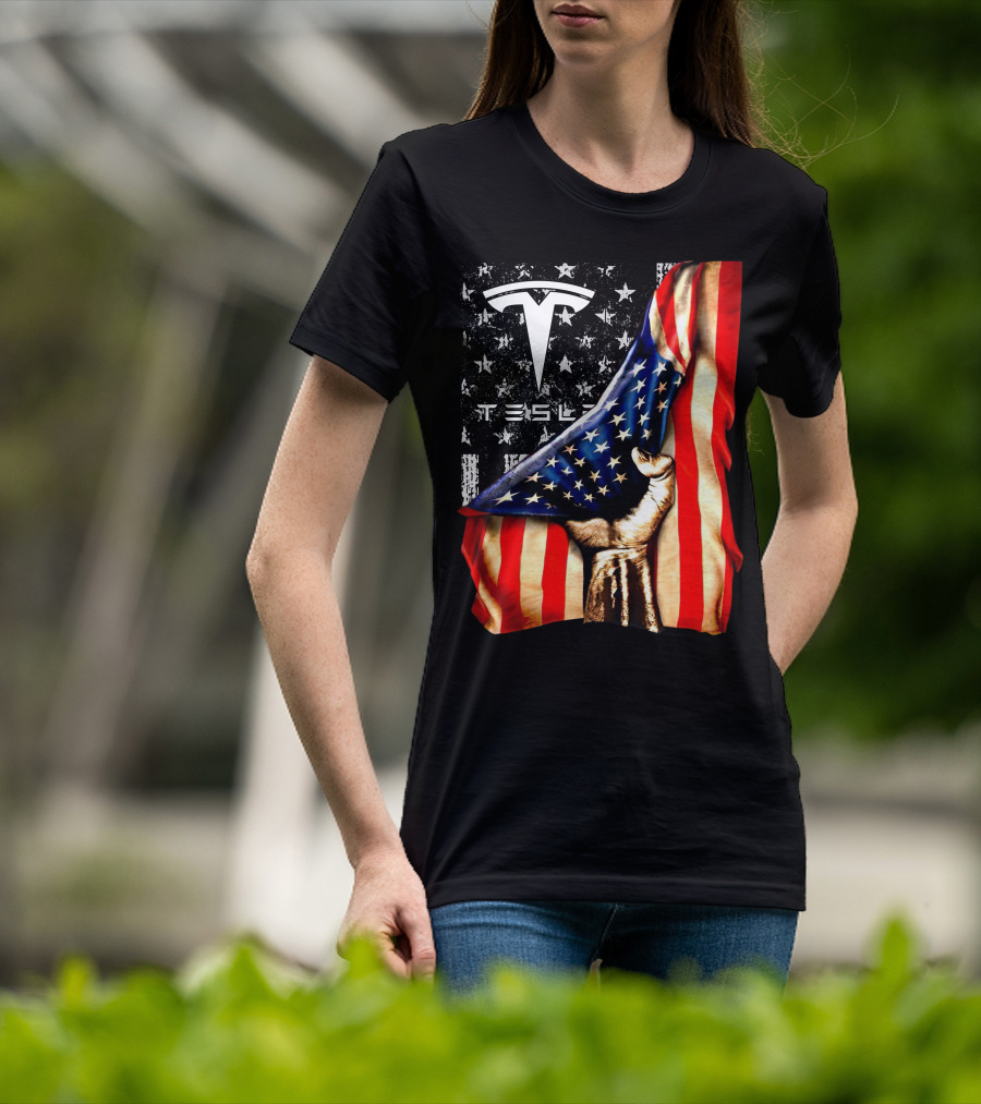 Tesla Logo American Flag Hand Folded Stars Stripes Vintage Style T-Shirt