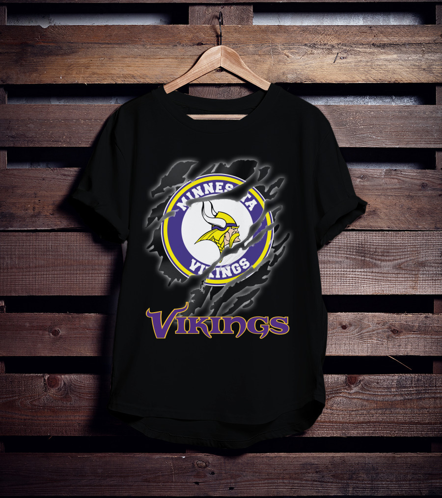 Minnesota Vikings Ripped Logo Design Featuring Iconic Viking Helmet And Horns T-Shirt