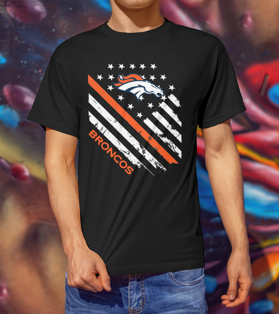 Broncos Logo With Stars And Stripes In Orange And White T-Shirt