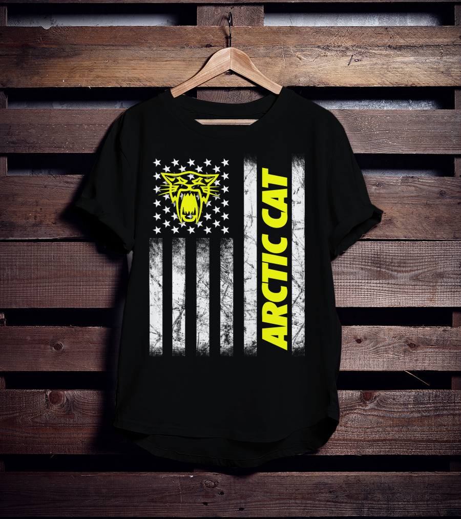 Arctic Cat Yellow Logo With American Flag Stripes And Stars T-Shirt