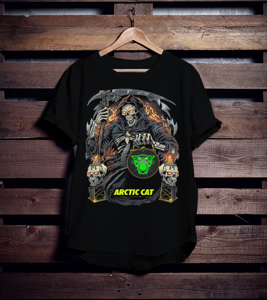 Arctic Cat Grim Reaper Skeleton Holding Scythe And Neon Green Cat T-Shirt