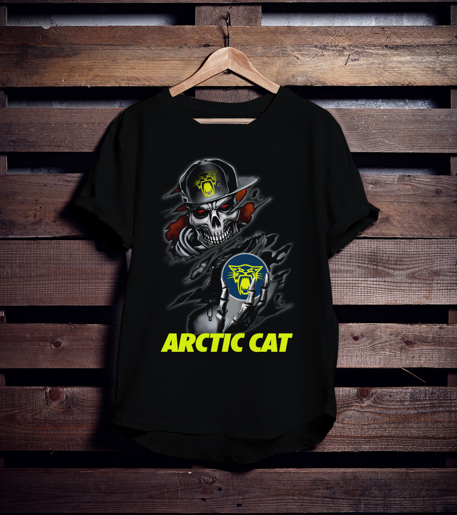 Arctic Cat Skull Skeleton With Hat Holding T-Shirt