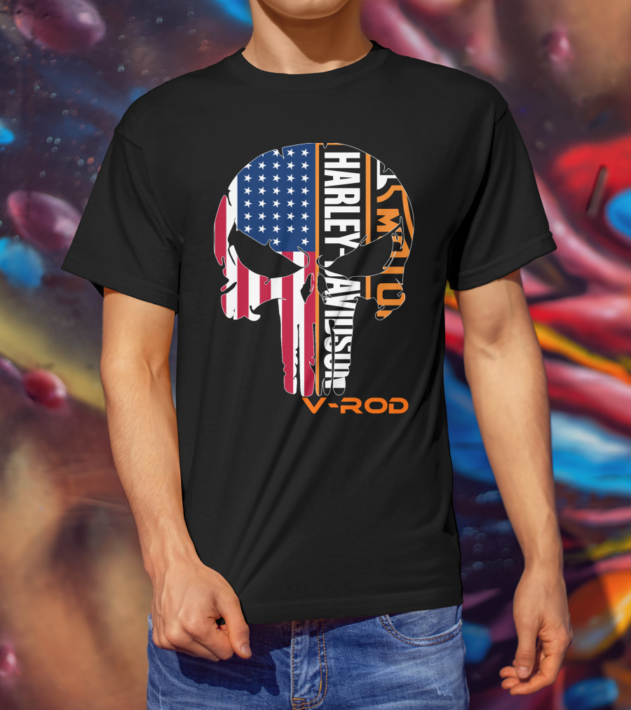 V-Rod Harley Davidson American Flag Skull T-Shirt