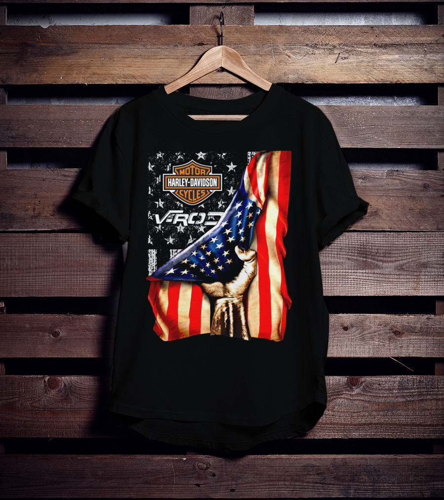 Harley Davidson Motor Cycles Vrod 12 American Flag Fist T-Shirt
