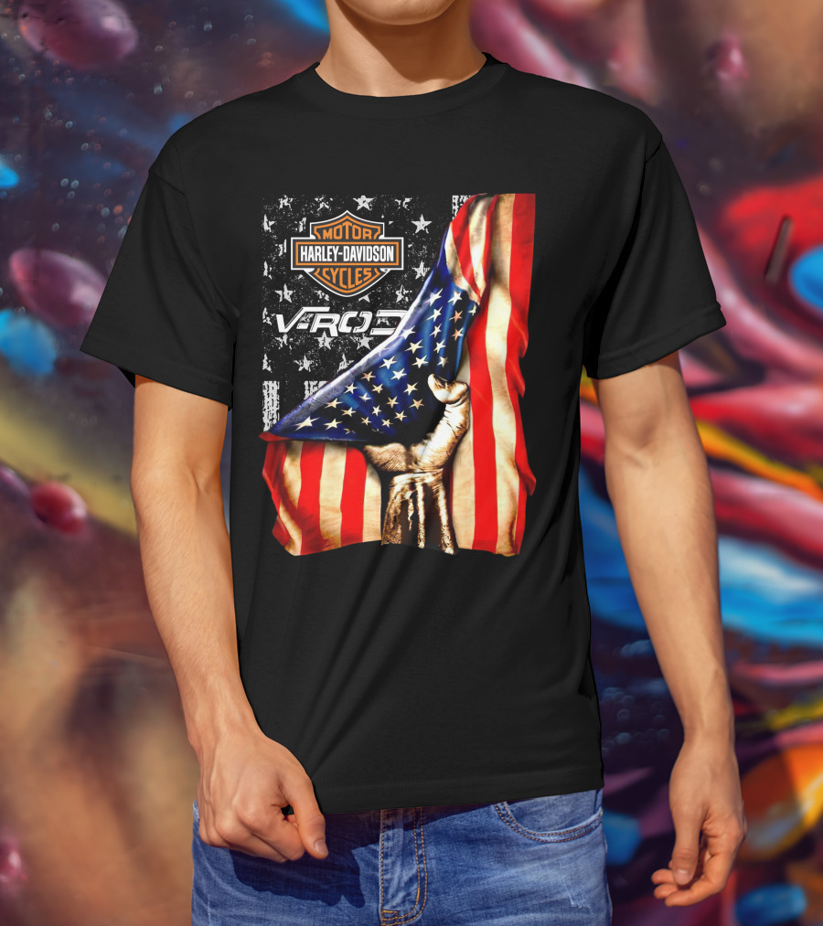 Harley Davidson Motor Cycles Vrod 12 American Flag Fist T-Shirt