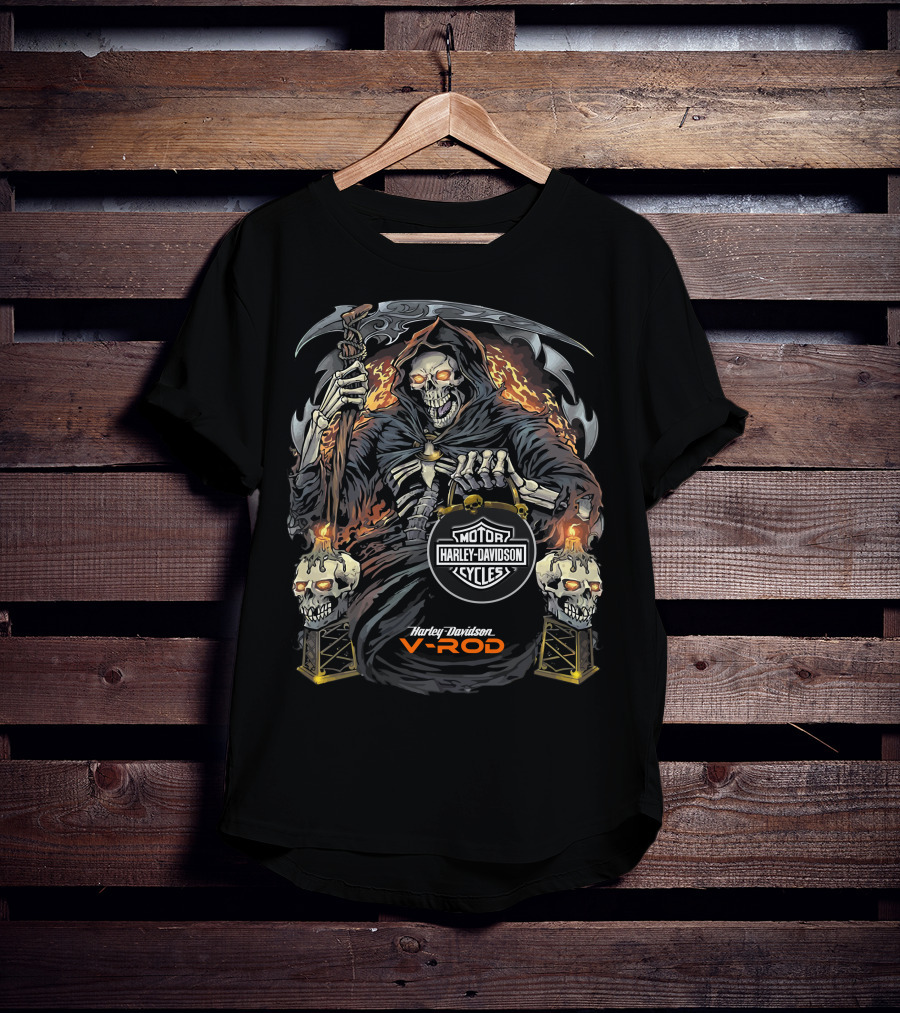 Harley Davidson V-Rod Grim Reaper Skeleton Flames T-Shirt