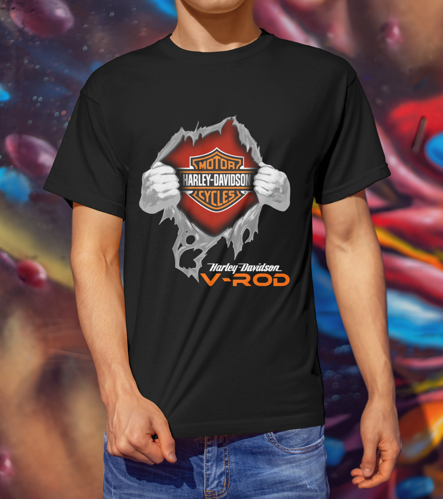 Harley Davidson V-Rod Motor Cycles Logo And Shield With Ripping Hands T-Shirt