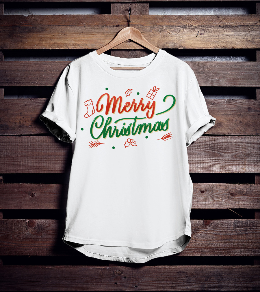 Merry Christmas Stocking Holly Leaves And Gift Icons T-Shirt